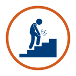 blue and orange icon graphic of person walking upstairs with knee pain